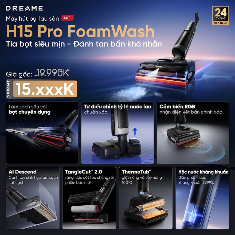 Máy hút bụi lau nhà cầm tay Dreame H15 Pro FoamWash