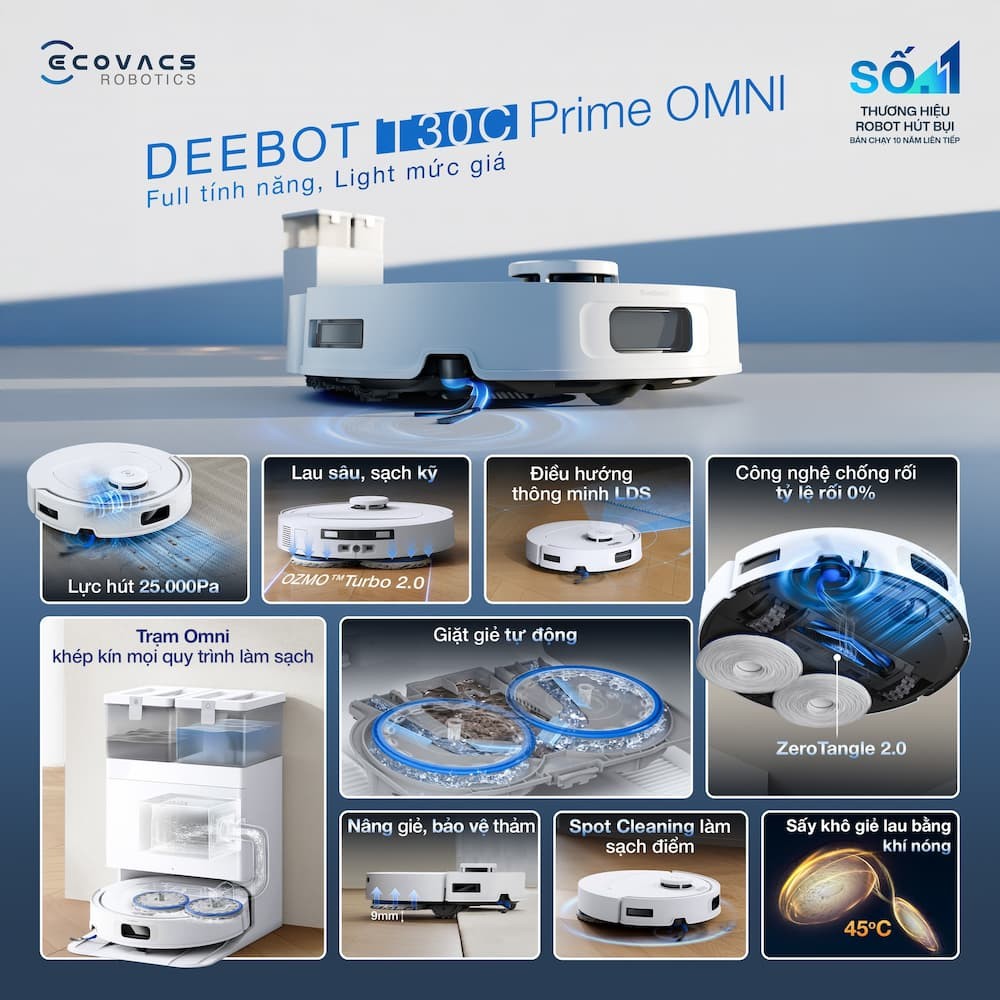Robot hút bụi lau nhà Ecovacs Deebot T30C Prime Omni