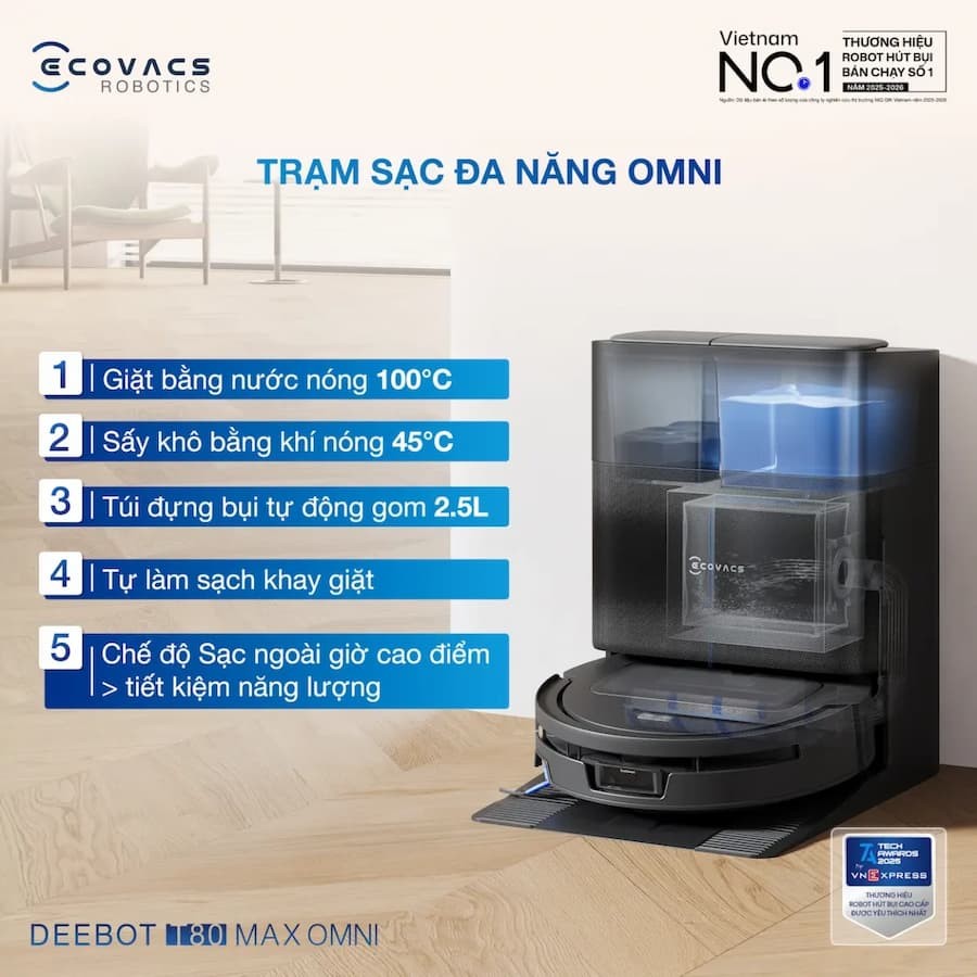 Đánh giá chi tiết các tính năng nổi bật Robot hút bụi lau nhà Ecovacs Deebot T80 Max Omni