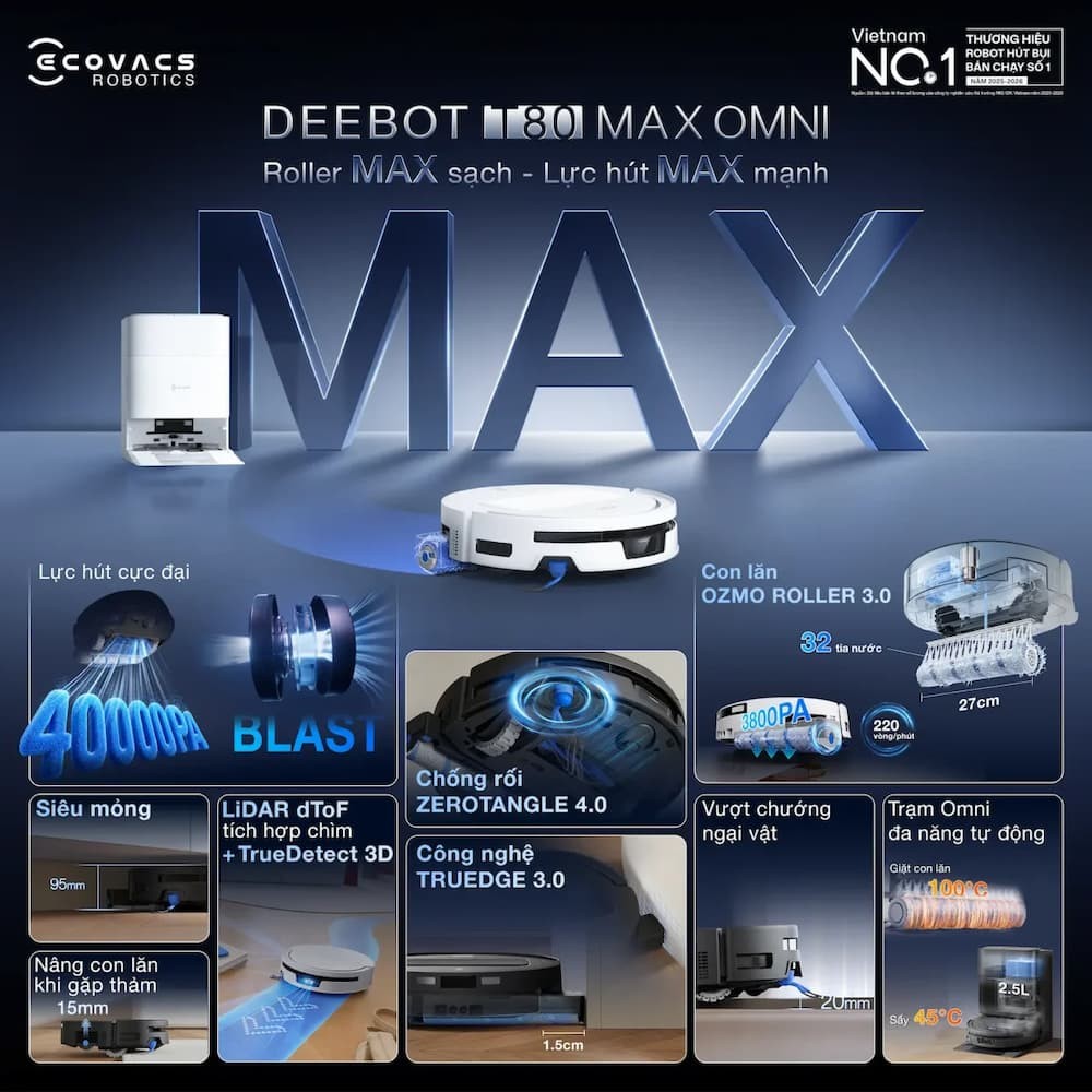 Robot hút bụi lau nhà Ecovacs Deebot T80 Max Omni