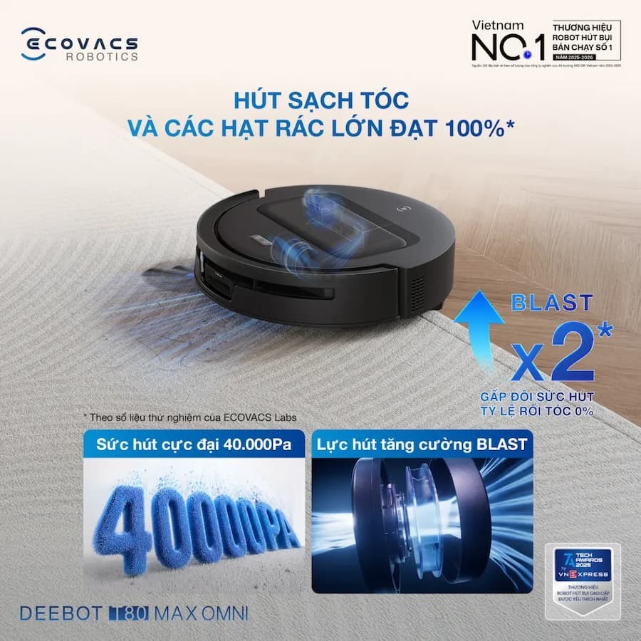Hiệu năng hút bụi và lực hút vượt trội Deebot T80 Max Omni